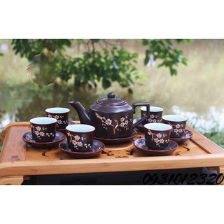 bộ ấm chén pha chè nâu khắc vẽ đào