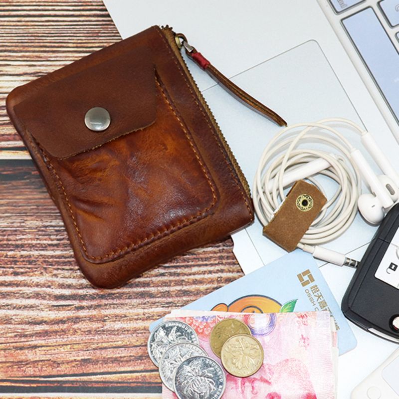 Ví Đựng Tiền Xu Mini Bằng Da Thật Có Khóa Kéo Phong Cách Vintage
