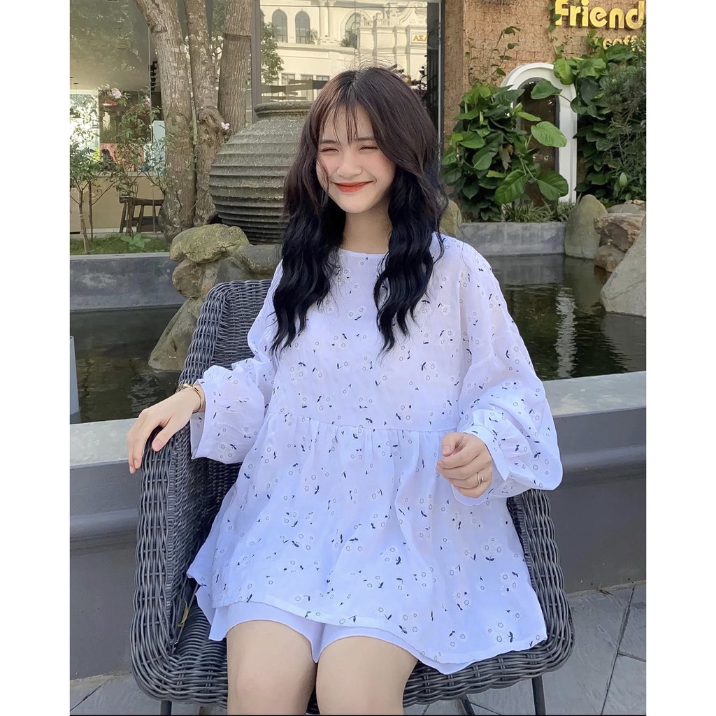 Áo Babydoll Hoa Nhí Tay Bồng Dài PEONYB Nữ [FREESHIP]  Sơ mi form rộng giấu quần màu trắng bánh bèo tiểu thư Ulzzang