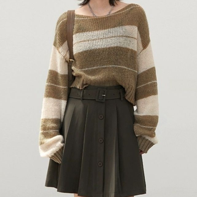 Áo Sweater Dệt Kim Tay Dài Dáng Rộng Cổ Đứng Kẻ Sọc Kiểu Hàn Quốc Thời Trang Xuân Thu Cho Nữ