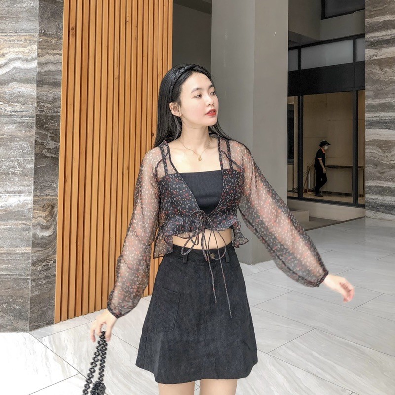 Sibling House - Áo khoác voan mỏng hoa ngắn cột nơ tay phồng Maryn top