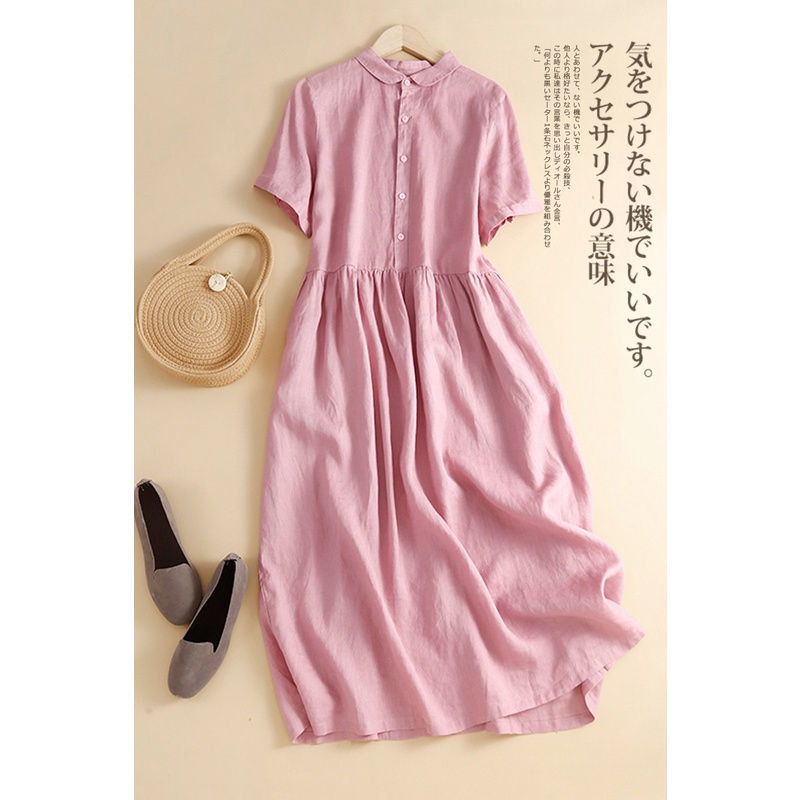 Đầm Sơ Mi Vải Lanh Cotton Cổ Búp Bê Dáng Rộng Thương Hiệu Cắt Nhãn Hàng Đầu Kiểu Pháp Cho Nữ