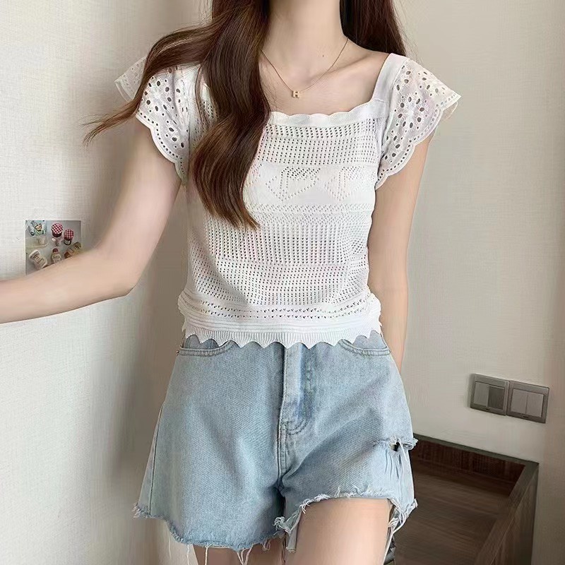 Áo Len Mongtoghi Lưới Cổ Vuông Phăng Tay Xô Tay Ngắn | Smide Clothing