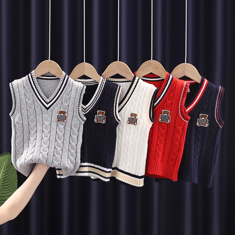 Áo Sweater Cotton Dệt Kim Cổ V Không Tay Thời Trang Mùa Thu Cho Bé