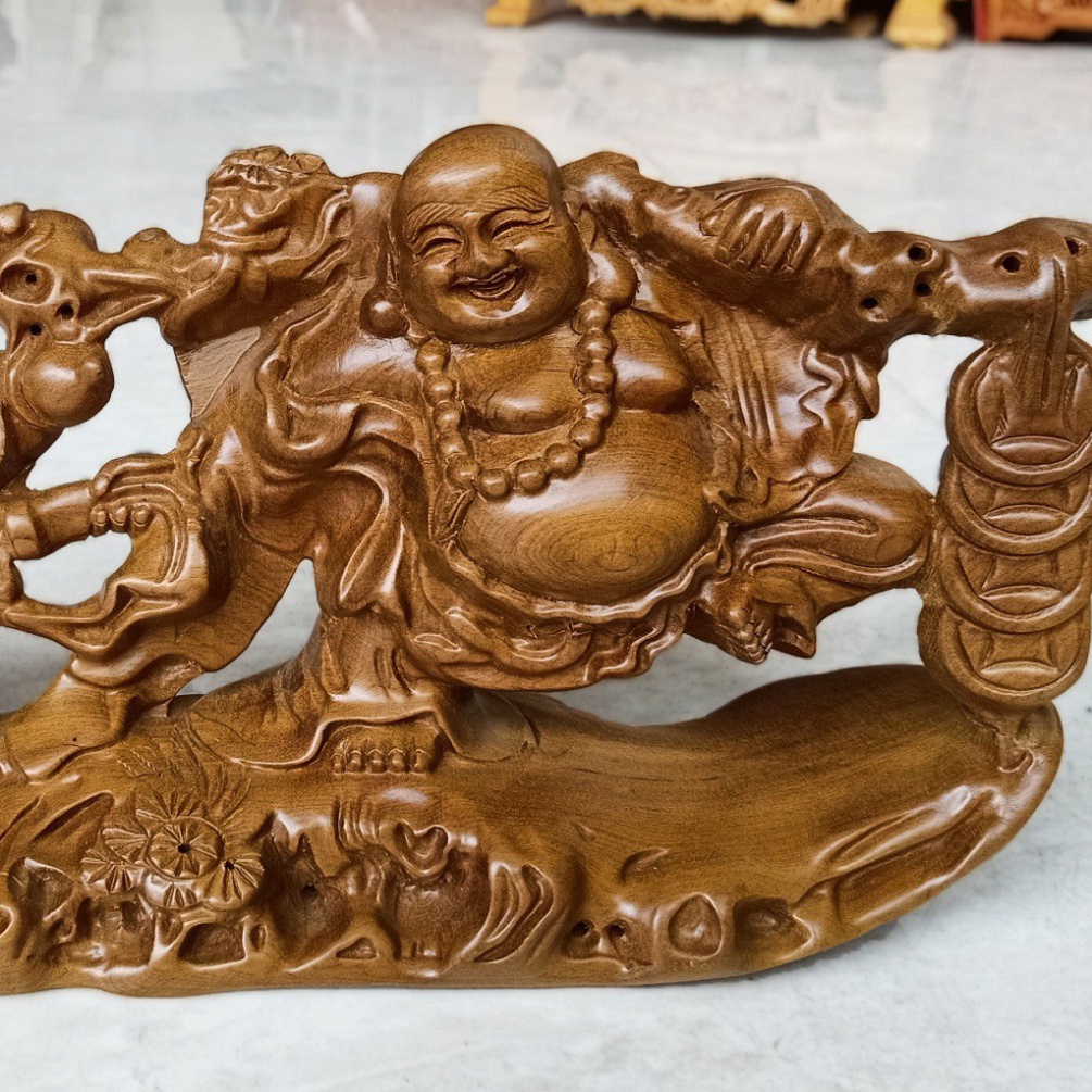 [GIA RE] Tượng Phật Di Lặc Kéo Bao Tiền Gỗ Thơm lớn 40cm thu hút tài lộc