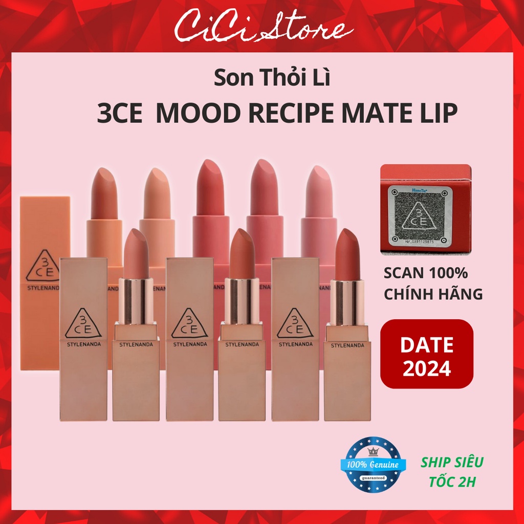 Son thỏi lì 3CE Mood Recipe Matte Lip Color chính hãng, Date 2024