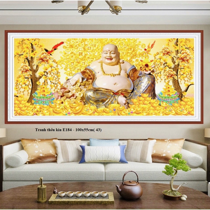 Tranh thêu kín phật di lạc KT:150x70cm,tranh chưa thêu,tặng kéo và xỏ chỉ.