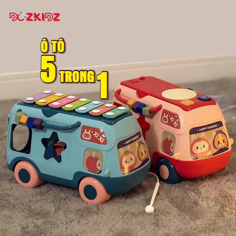 Xe oto đồ chơi,  xe bus đa năng kéo thả hình, luồn hạt và đàn xylophone, đồ chơi cho bé từ 0-3 tuổi - DOZKIDZ