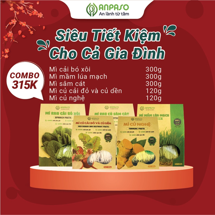 Combo Ngũ Vị Mì Rau Củ Hữu Cơ Organic Anpaso Giảm Cân, Mỳ Eat Clean