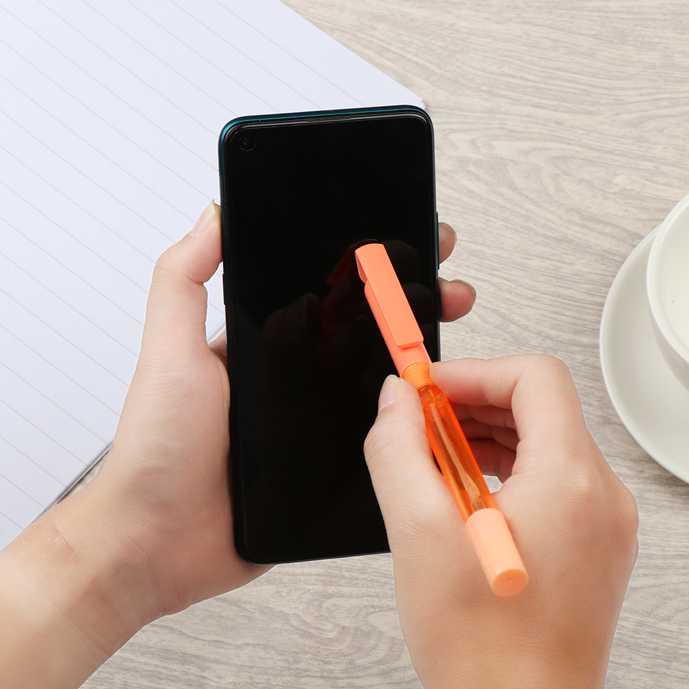Bút mực gel thiết kế tích hợp chai xịt sát khuẩn có thể nạp lại kiêm giá đỡ điện thoại tiện dụng