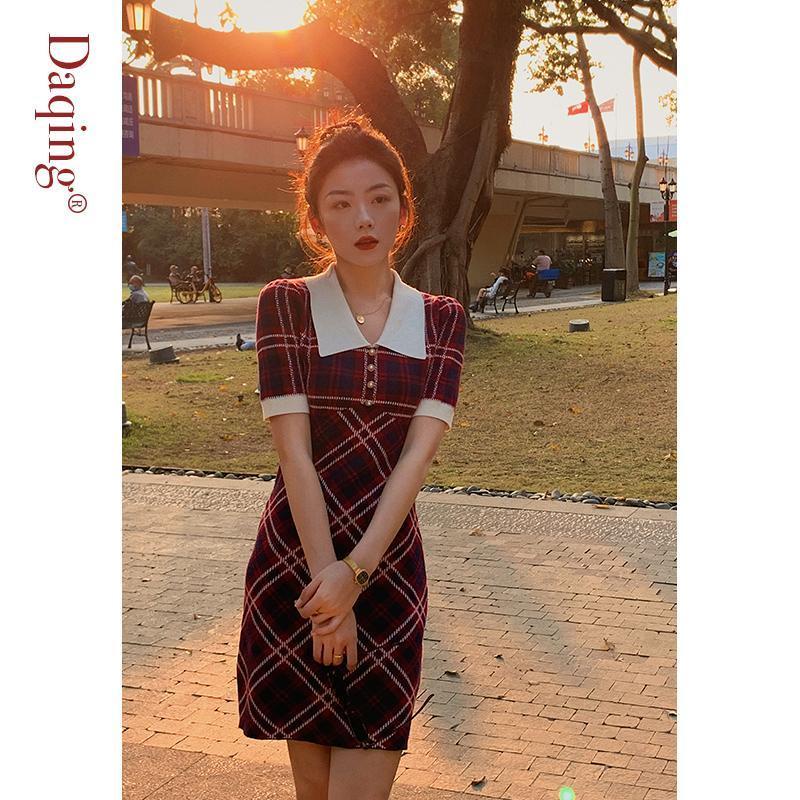 Đầm Dệt Kim Ngắn Tay Cổ Polo Họa Tiết Sọc Caro Thiết Kế Mới Thời Trang Mùa Hè Theo Phong Cách Anh