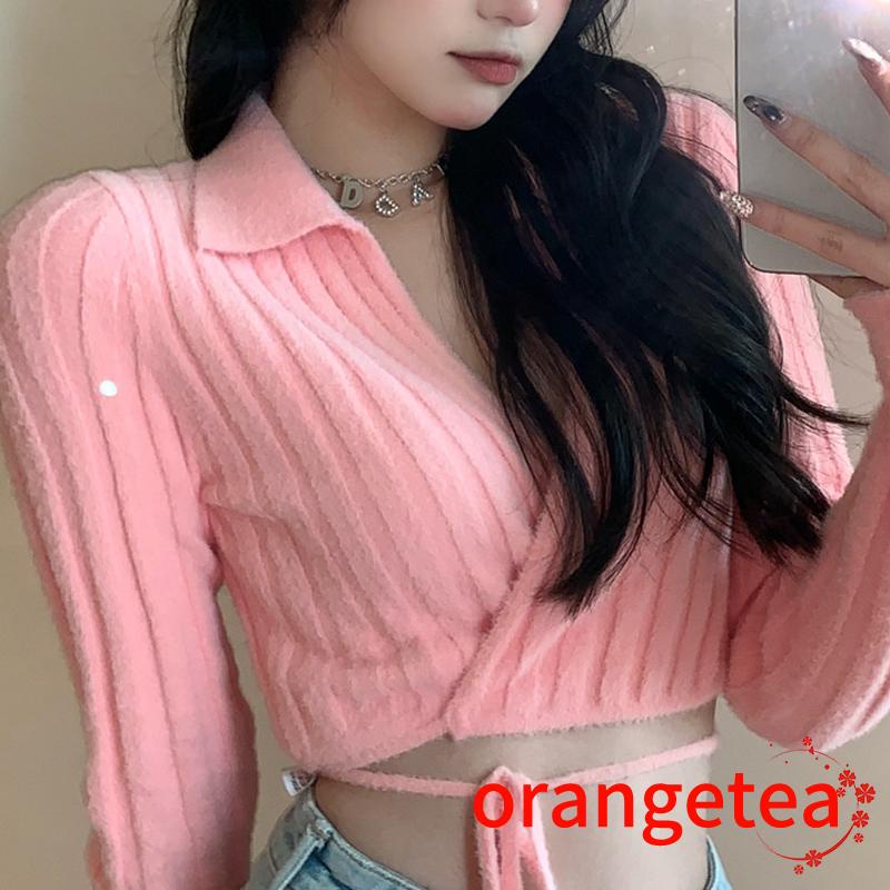 Áo Croptop Dệt Kim Tay Dài Cổ Chữ V Màu Sắc Quyến Rũ Cho Nữ