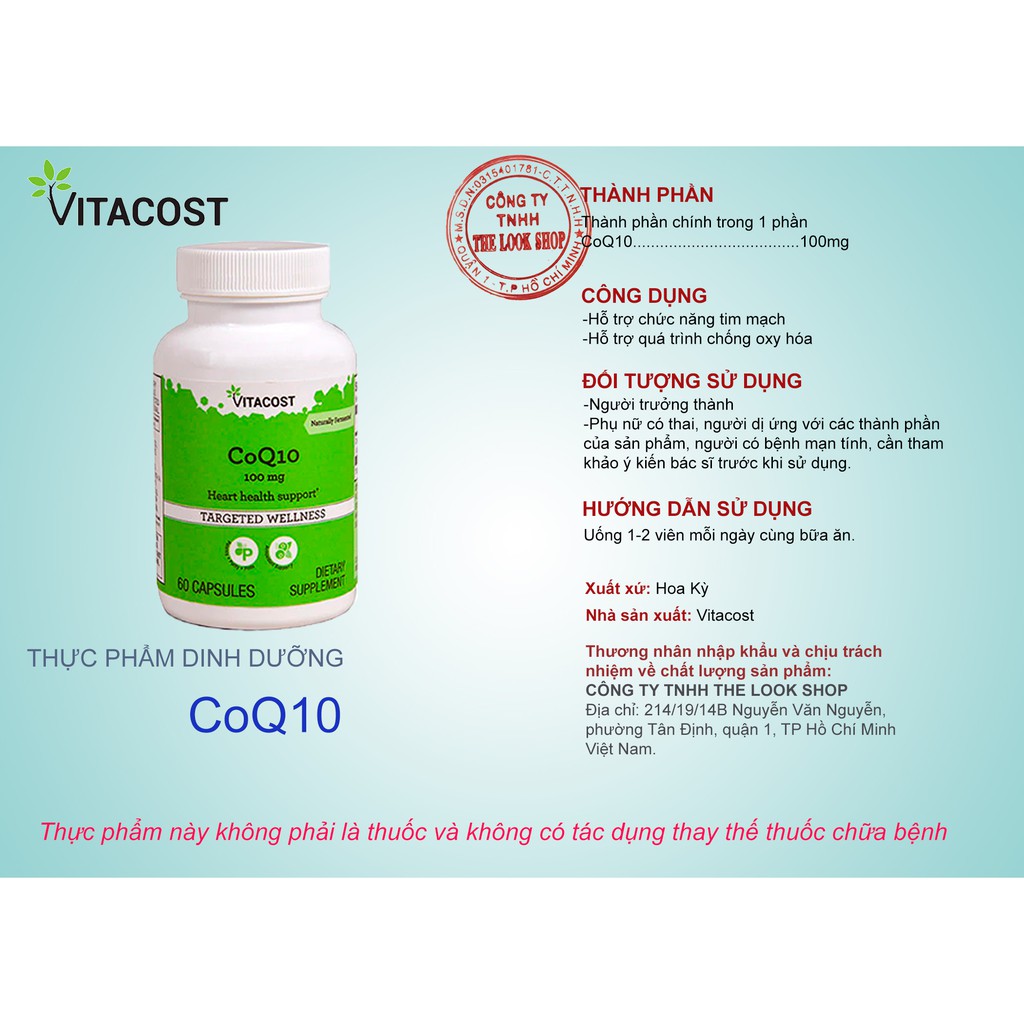 USA- Viên uống Coenzym CoQ10 100mg 60 viên- Vitacost