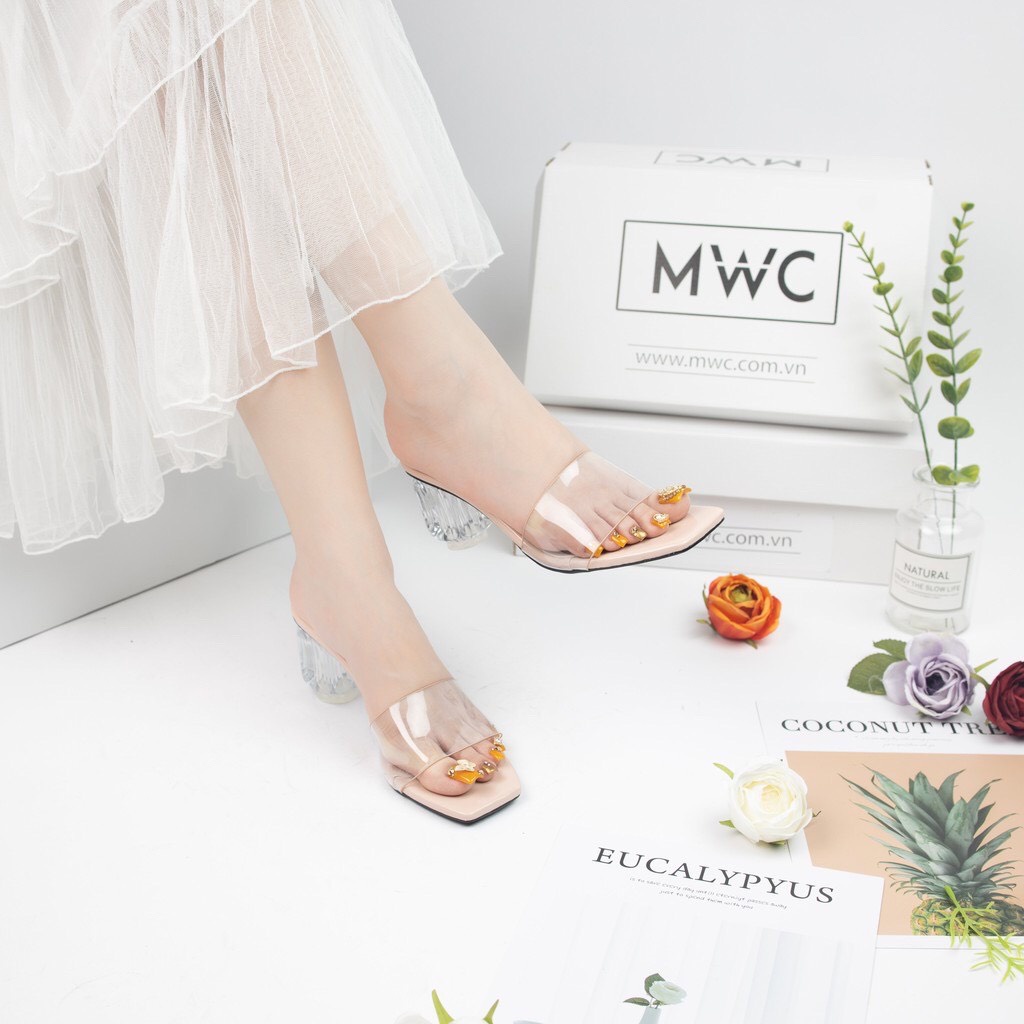 Guốc (dép) nữ cao gót mũi nhọn quai ngang mica mềm trong suốt gót trụ cao 5p