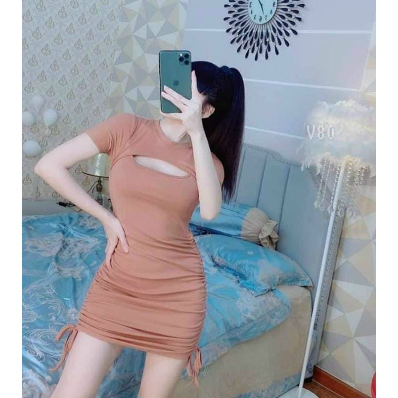 Đầm body dây rút màu nude