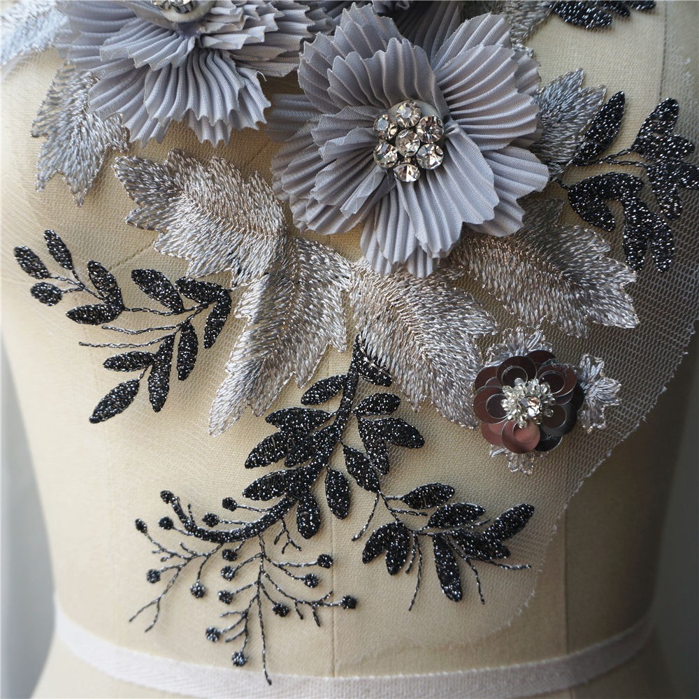 Vải Ren Thêu Hoa Đính Pha Lê Dùng May Cổ Áo Cưới diy