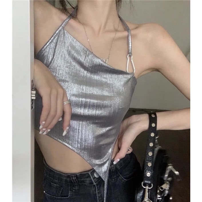 Áo croptop yếm nhũ bạc thắt dây lưng siêu độc lạ