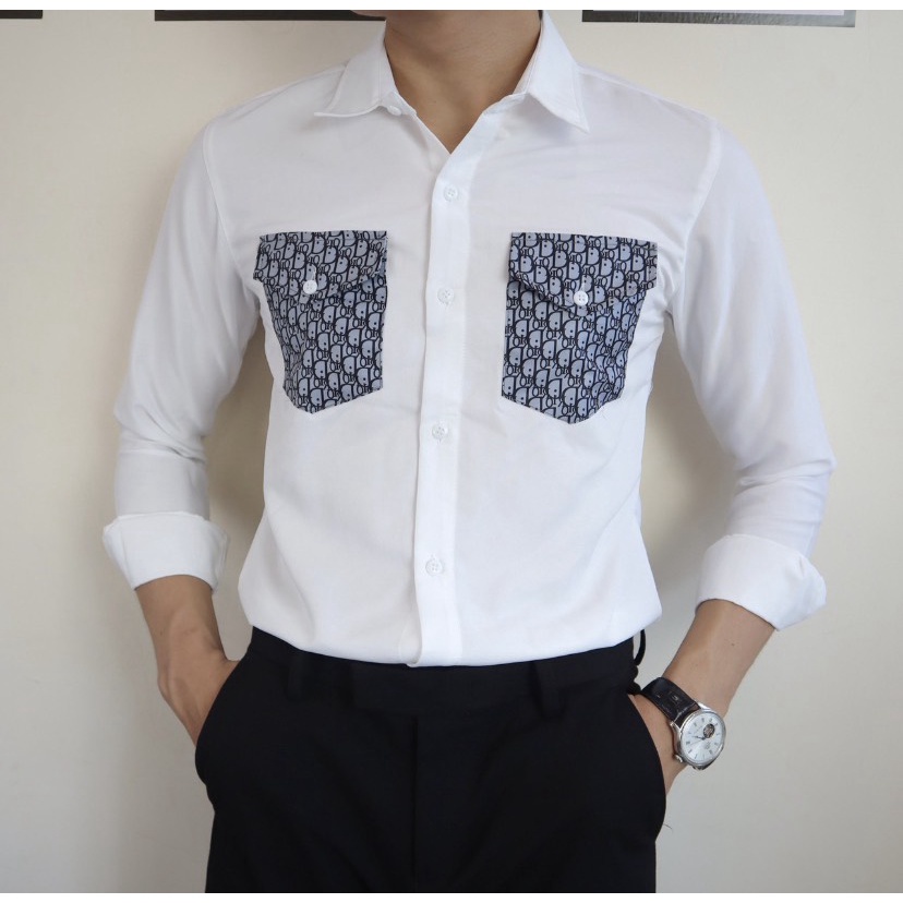 Áo Sơ Mi Nam Tay Dài Vải Lụa Phối 2 Túi Ngực In Chữ Sang Trọng Phong Cách Soái Ca Lịch Thiệp [NEW UNISEX]