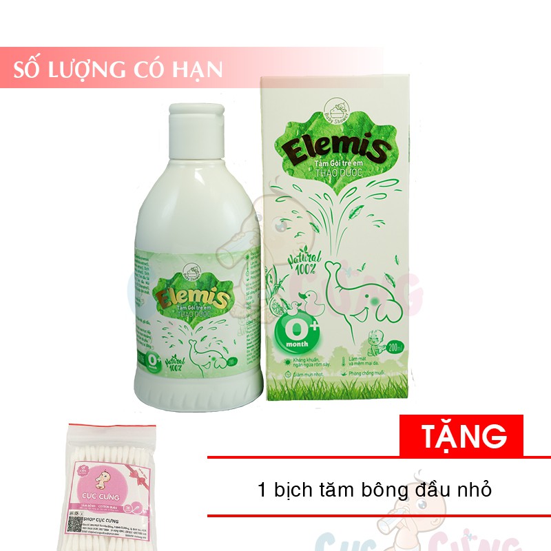 Nước tắm thảo dược ELEMIS 200ml cho trẻ sơ sinh chống rôm sẩy Tặng 1 bịch tăm bông đầu nhỏ Cục Cưng