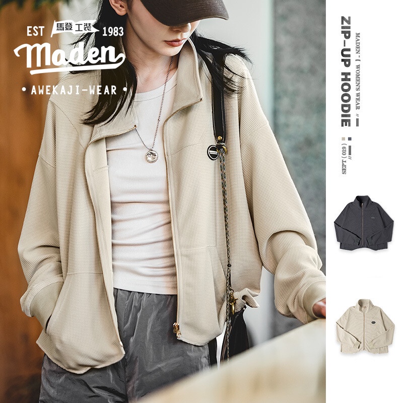 Áo khoác MADEN cổ đứng cao nửa có khóa kéo thời trang màu thu cho nữ