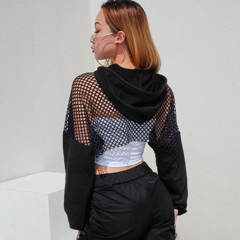 ÁO CROPTOP HOODIE HỞ NGỰC REN LƯỚI LƯNG , ÁO TẬP NHẢY DANCE