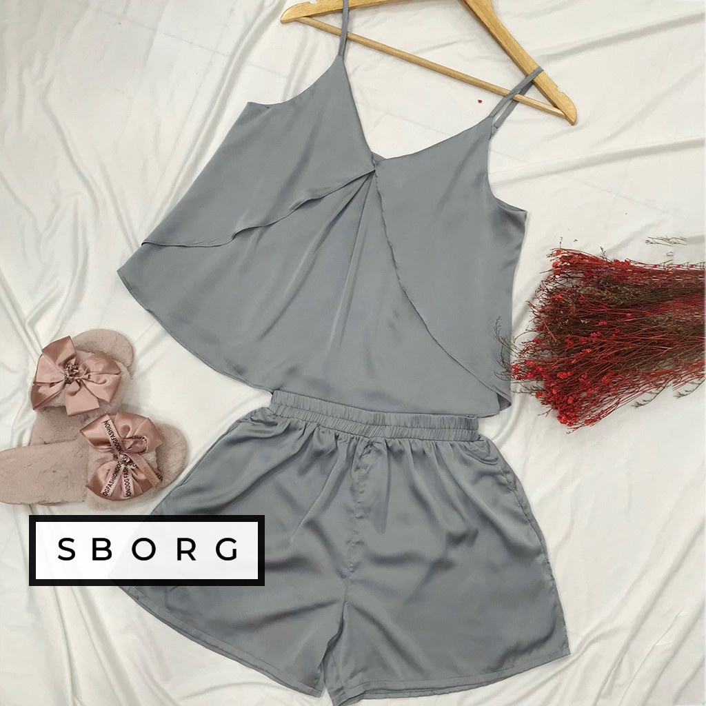 Bộ 2 dây mặc nhà SBORG bộ ngủ lụa latin cao cấp áo cổ tim xẻ 2 lớp dễ thương phối quần đùi có túi freesize dưới 60kg