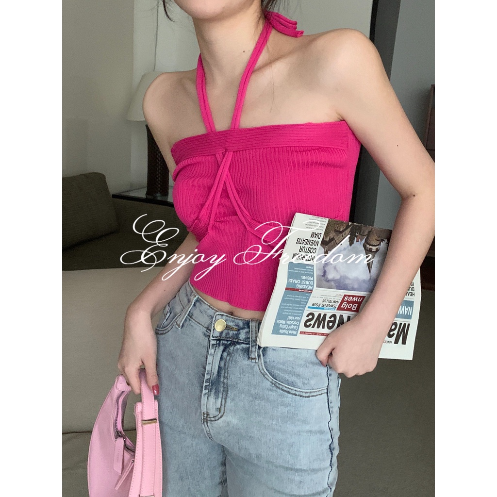 Enjoy Freedom Áo Hai Dây Ngắn Bện Ngắn Màu Trơn Quyến Rũ Cho Nữ