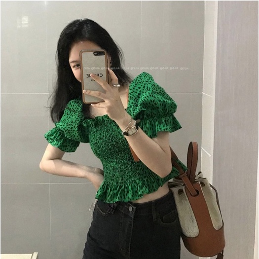 QADCOL Áo Kiểu Tay Phồng Cổ Vuông In Họa Tiết Da Báo Màu Xanh Lá Phong Cách Hàn Quốc