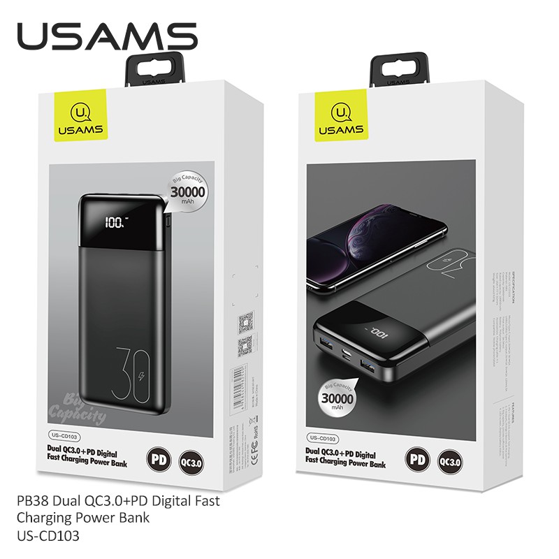 Pin Sạc Dự Phòng USAMS 30000mah QC 3.0 + PD Cao Cấp Cho Iphone Samsung Huawei Xiaomi