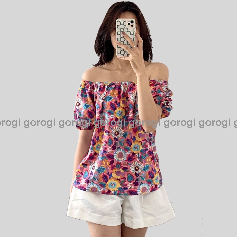 Áo trễ vai nữ bánh bèo tay ngắn Gorogi, áo hở vai tay phồng, áo bẹt vai hoa nhí chất thô dày mát