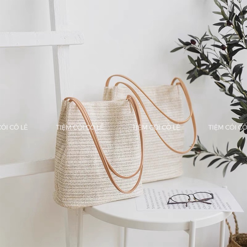 Túi cói đi biển dây đeo bằng da phong cách vintage - Tiệm Cói Cô Lê