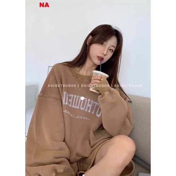 Sét Bộ thu đông nam nữ OTH Ulzzang tay bồng in chữ kèm quần Short