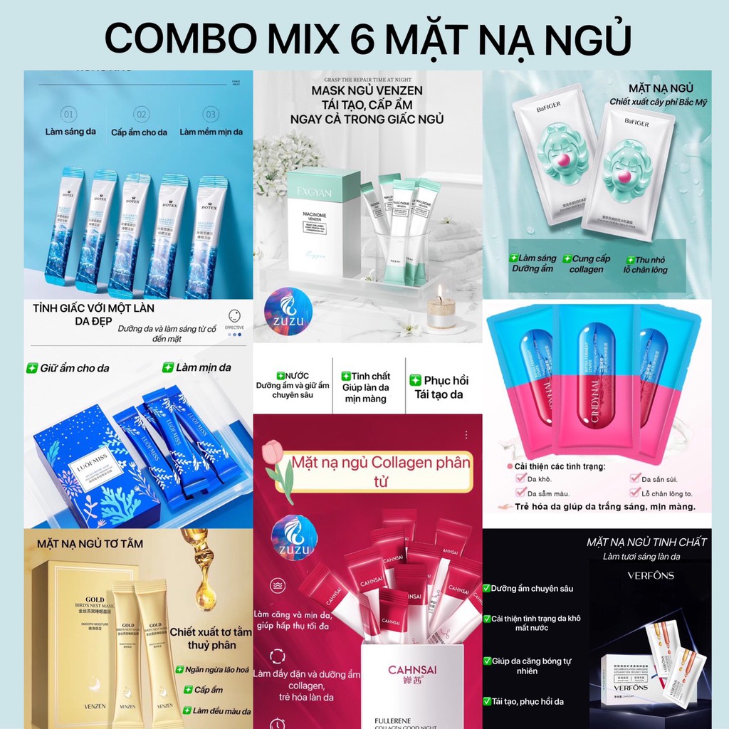 [COMBO MIX 6 MẶT NẠ NGỦ] Mặt Nạ Ngủ, Mask Ngủ Ngăn Ngừa Lão Hóa Cấp Ẩm Sâu Thu Nhỏ Lỗ Chân Lông