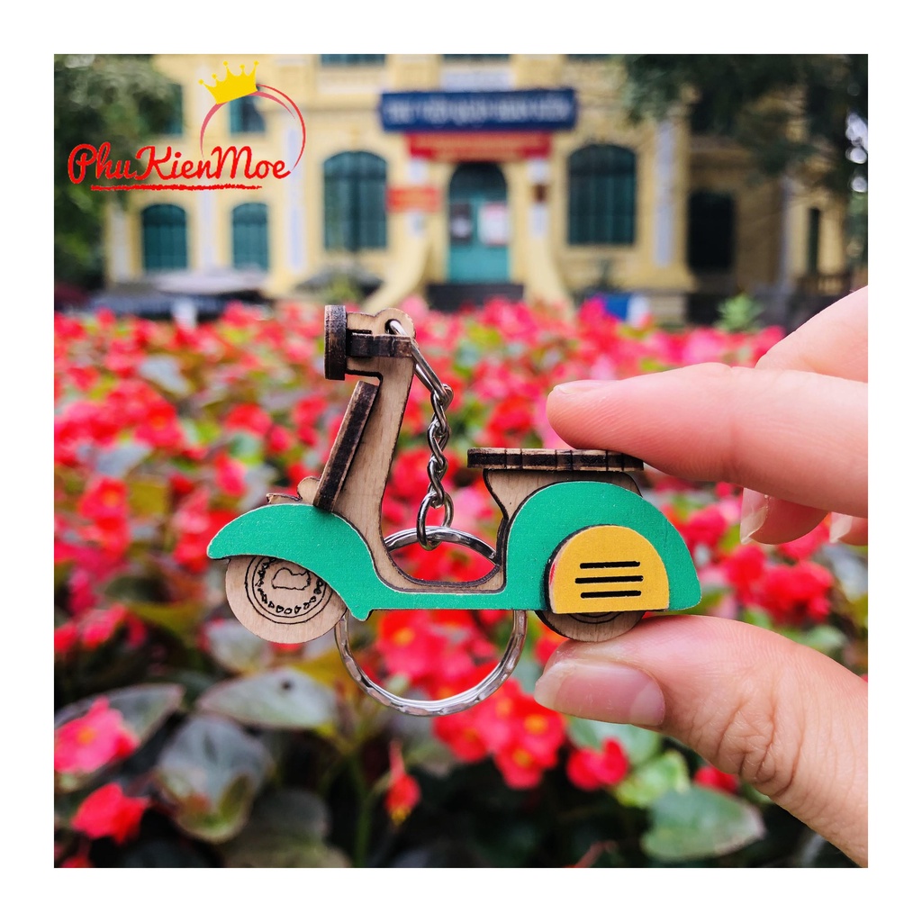 Móc chìa khóa kiểu dáng vintage hình xe Vespa, móc khoá teo balo điện thoại làm bằng gỗ mini PhuKienMoe handmade