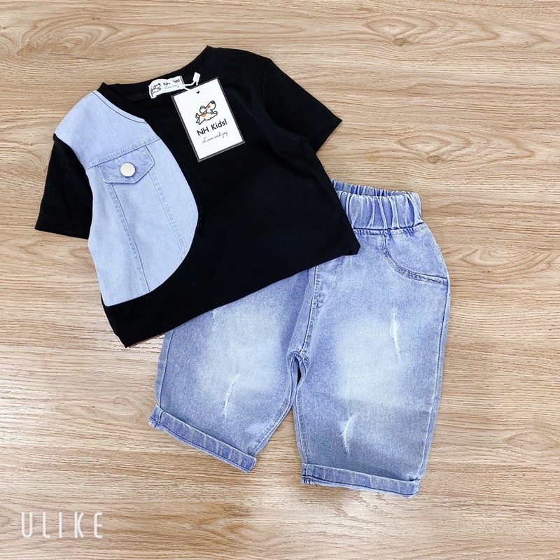 (jean baby) sét bộ bé trai ,quần jean bò mềm +áo phông cộc tay phối bò(10-30kg)