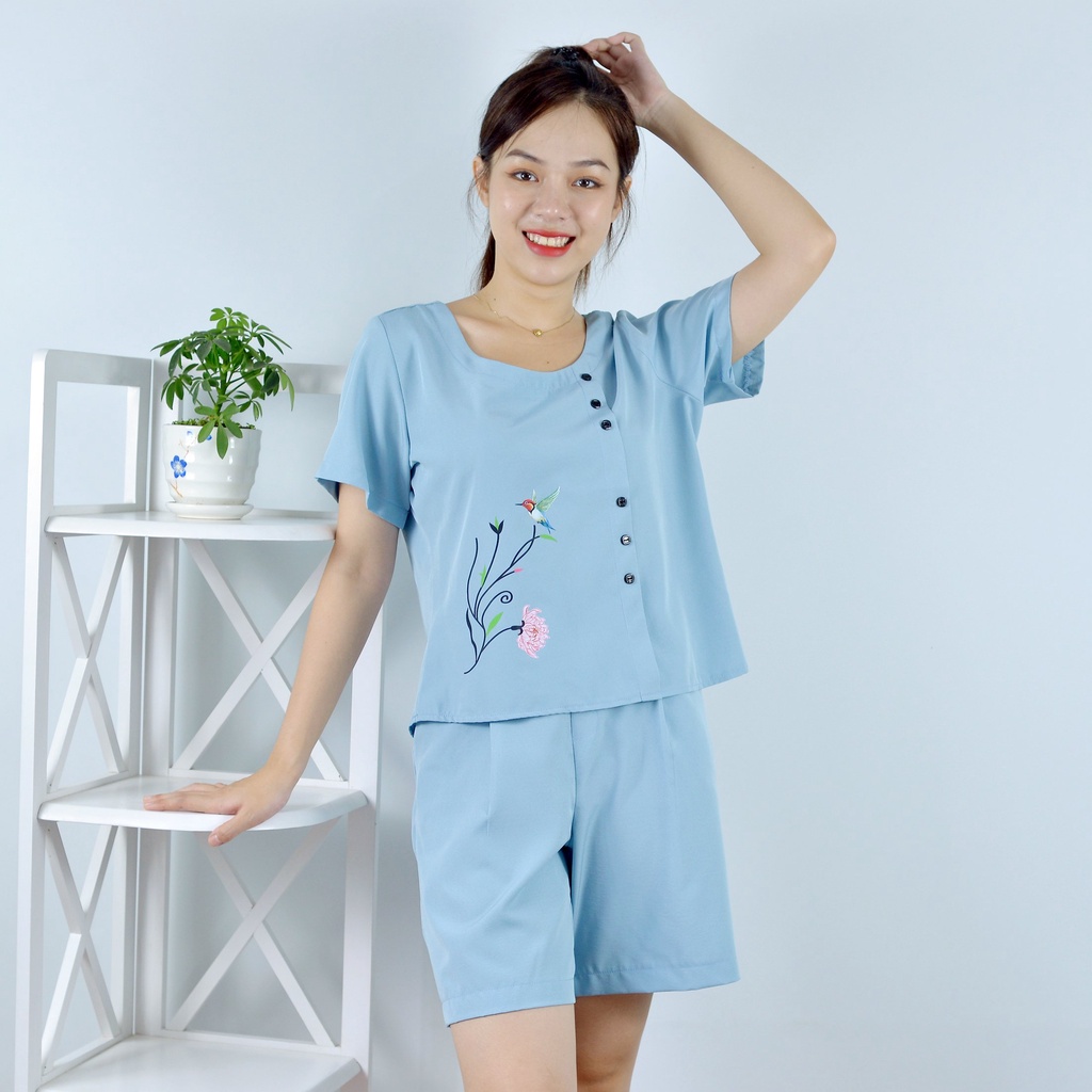Bộ đồ nữ MÀU XÁM XANH IN HOA THÚ ĐIỂM NHẤN HÀNG NÚT   - vải lụa cao cấp - Cực Kì Sang Chảnh - Qúy phái
