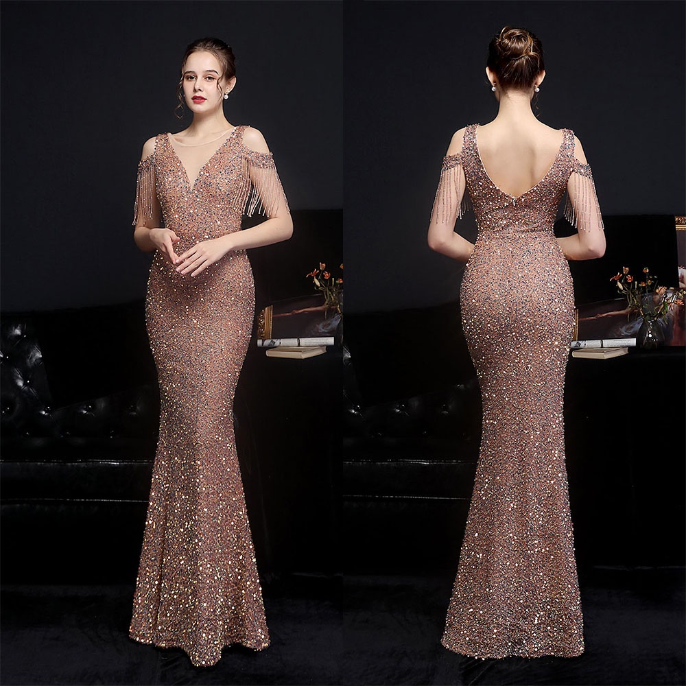 Đầm Dài Tua Rua Đính Kim Sa Lấp Lánh Sang Trọng Dành Cho Nữ