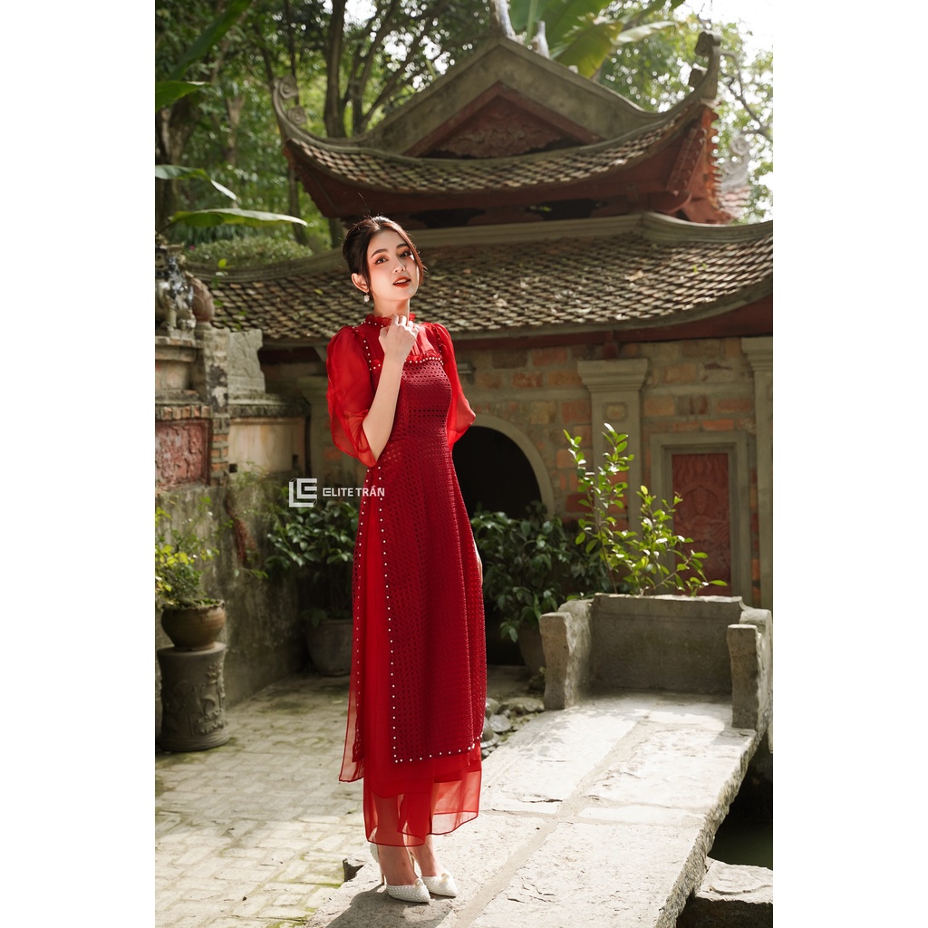 Áo dài như ý cát tường phối tay tơ
