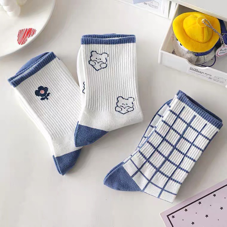 Tất Vớ Dài Nữ Hình Gấu Caro Xanh Blue dễ thương, thấm hút, giá siêu rẻ mềm