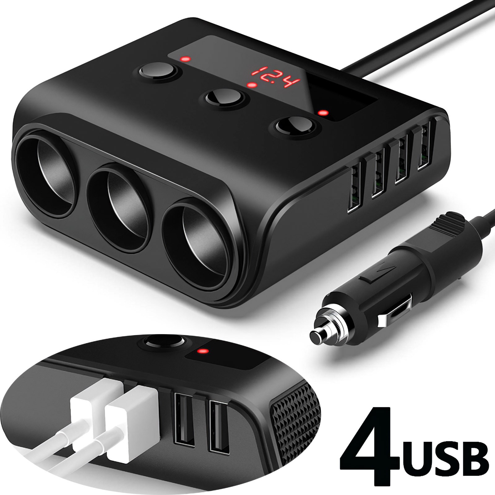 IN STOCK 12-24V Car Cigarette Lighter Socket Splitter Car Charger With ON/OFF Switch 4 Ports USB Charger For GPS Mobile Phone