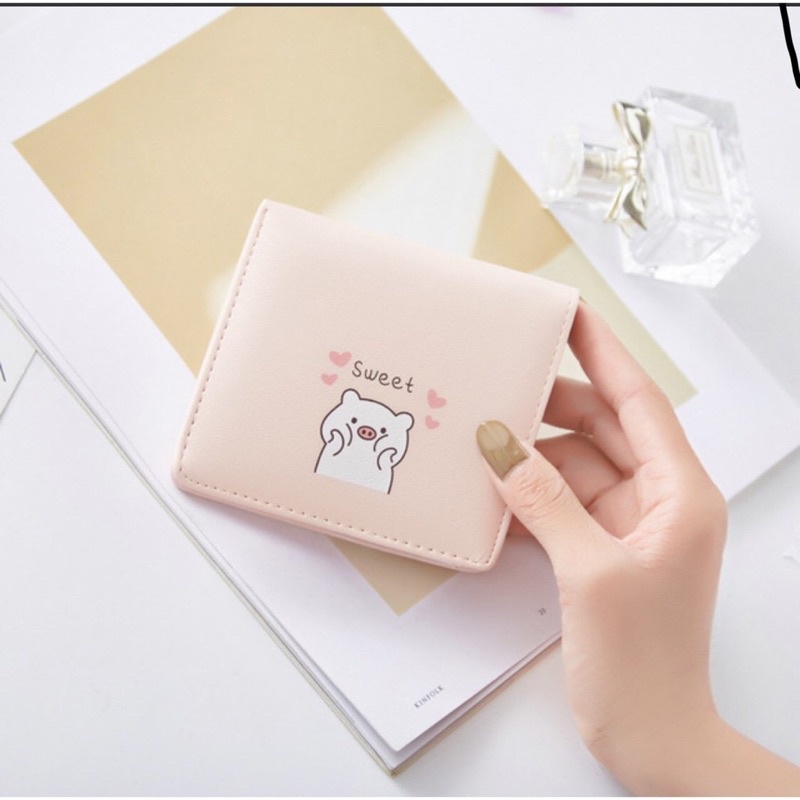 Ví nữ ngắn mini cầm tay nút bấm da PU trơn bóng