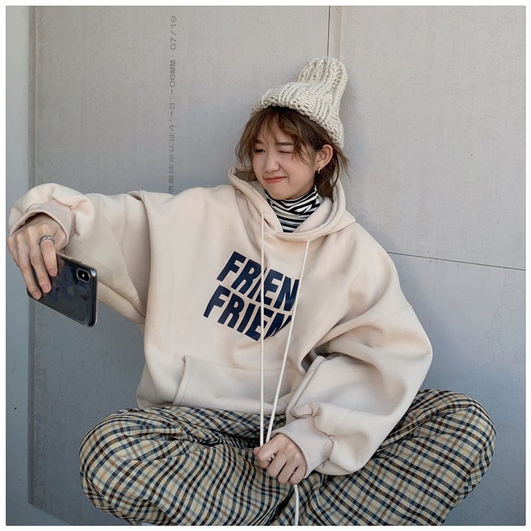 Áo hoodie nữ form rộng, áo hoodie nữ form rộng màu be có mũ mặc nhà đi chơi đi học thời trang ulzzang hàn quốc | BigBuy360 - bigbuy360.vn