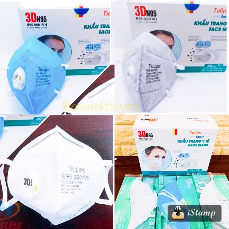 Khẩu Trang 5 lớp Tulips 3D N95 giặt dùng được nhiều lần, Lọc Bụi Siêu Mịn PM2.5 Có Van Thở,ami