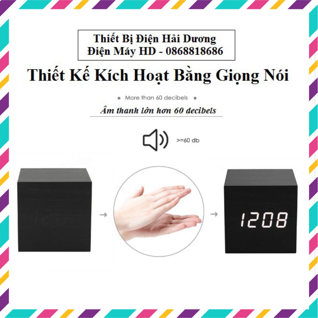 Đồng Hồ Để Bàn - Đồng Hồ Gỗ Để Bàn Vuông - Báo Thức - Đa Chức Năng - Chất Liệu Gỗ Cao Cấp, Màn Hình Led, Tặng Kèm Pin