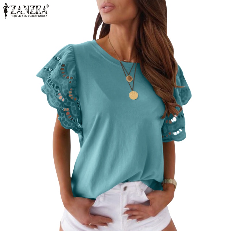 Áo kiểu Zanzea tay ngắn cổ tròn phối ren thời trang cho nữ