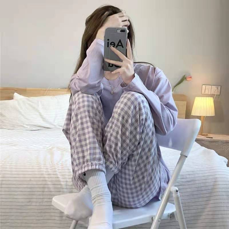 Bộ đồ ngủ dài tay hoa văn kẻ ô phong cách hàn quốc ngọt ngào