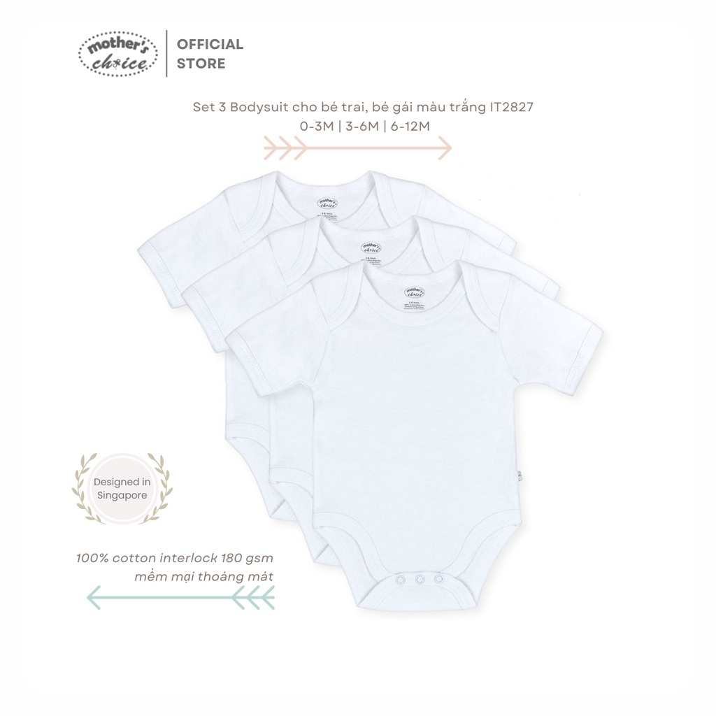 Bộ 3 Bodysuit cho bé trai bé gái màu trắng Mother's Choice - chất liệu 100% cotton mềm mại thoáng mát IT2827