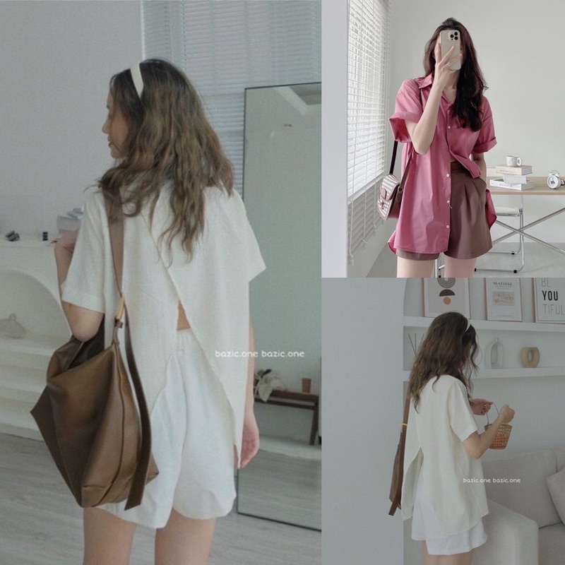 [Ảnh thật/sẵn] Áo sơmi cộc tay xẻ lưng chất thô dày dặn