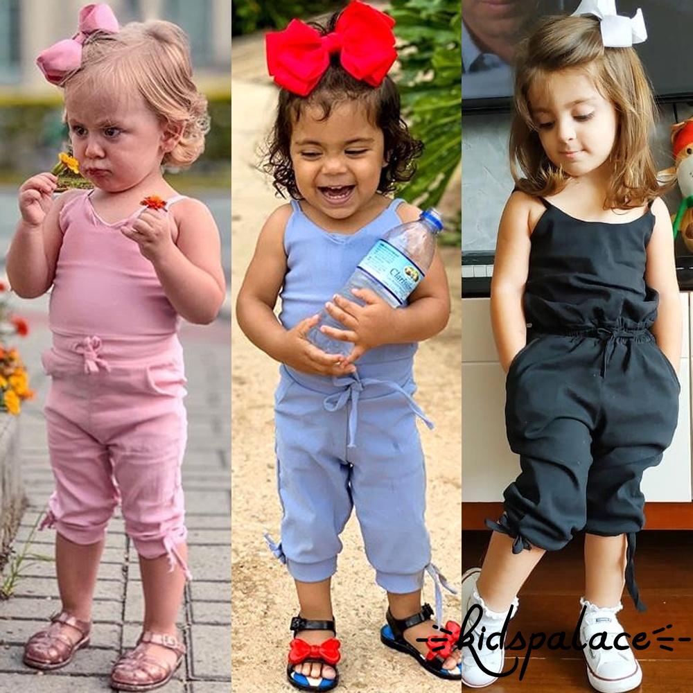 Jumpsuit Cột Nơ Màu Trơn Cho Bé Gái