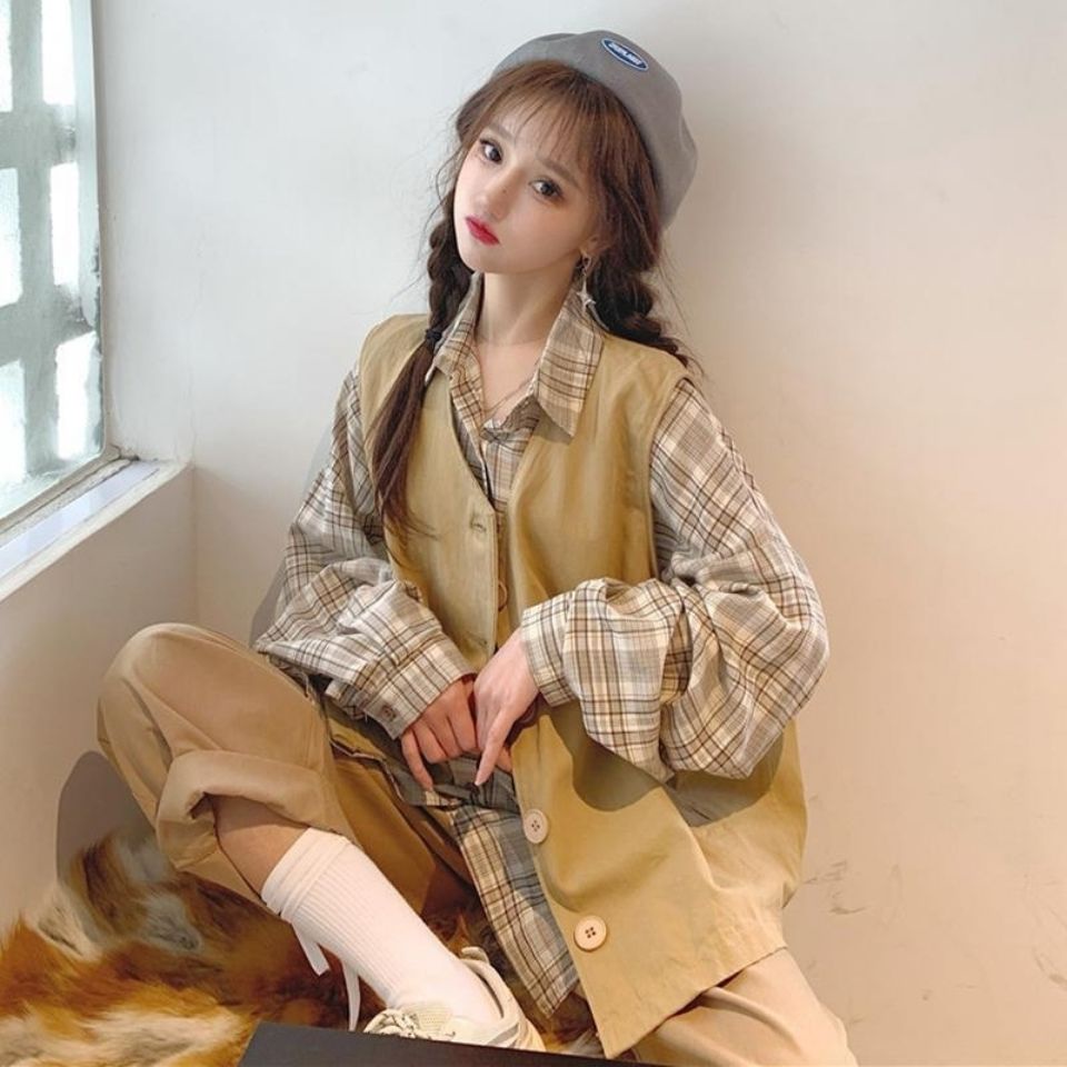 Set Áo Khoác Sơ Mi + Áo Khoác Ghi Lê + Quần Dài Ống Rộng Thời Trang Hàn Quốc Cho Nữ